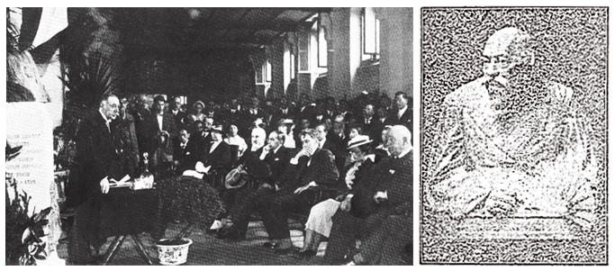 （左）1934年6月27日、パリ大学で行われた胸像除幕式の一場面。演台に立っているのは、アリックス法科大学長 （右）東京地方裁判所にボアソナードの胸像が設置されたことを伝えた、1913年6月16日付の東京朝日新聞に掲載された写真