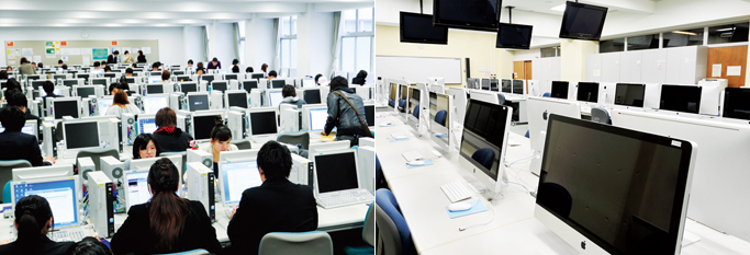 左：情報カフェテリア（市ケ谷キャンパス）　右：メディア表現実習室（多摩キャンパス）　