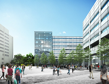 Conceptual drawing of the appearance of the new buildings seen from the courtyard side. The ‘80 Building, Ouchiyama Garden, “South Building” (tentative name), “Gate Building” (tentative name)
