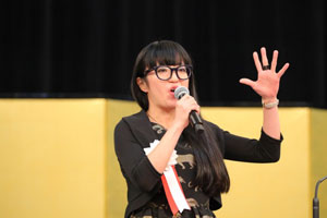 Ms. Misako Rocks, a comics artist working in New York, giving her celebratory speech