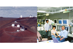 （左）1999年当時のすばる望遠鏡の全景（右）2001年3月の本観測初日。円筒形のドーム脇にある観測室内部にて、Suprime-Cam開発チームの仲間たちと