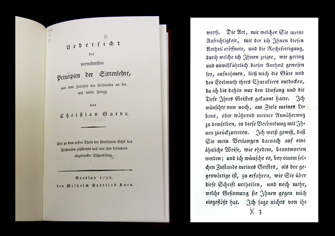 （右）カントと交流のあったことでも知られる哲学者クリスチャン・ガルヴェの著作。中段に著者名、下部に出版された年、1798が入っている。（左）18世紀に出版された原本を複写し製作された文字通りの復刻版。書体やレイアウトなども当時と同じである