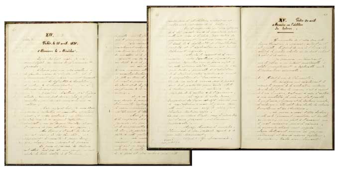 拷問廃止を求めた「司法卿閣下への書簡（1875年4月15日）」（左）と、「拷問の廃止に関する建白書（1875年5月20日）」の冒頭部分。ボアソナードは建白書で、「人道」「自然法と絶対的正義」「純理」「日本の尊厳と利益」の4つの観点から拷問を廃止すべきことを詳しく論じている。なぜ拷問がいけないかという問いに根本的に答えた歴史的文書として普遍的な価値をもつと評価される。