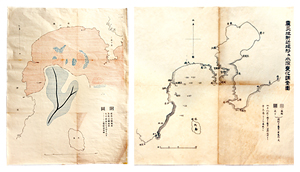 （右）『震災地付近地形及水深変化調査図』。地震が発生した翌10月に水深の測量調査の結果が発表された（左）相模灘の隆起・沈降した位置を赤と青で色分けした地形図