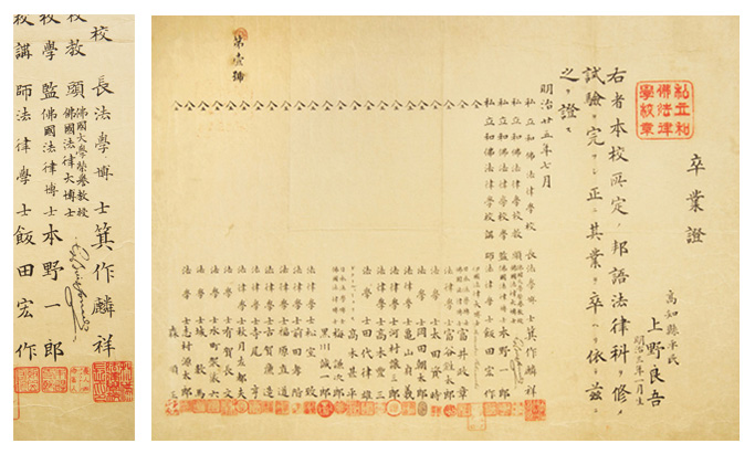 和仏法律学校（1892年）の卒業証。左は和仏法律学校卒業証のボアソナード署名部分の拡大