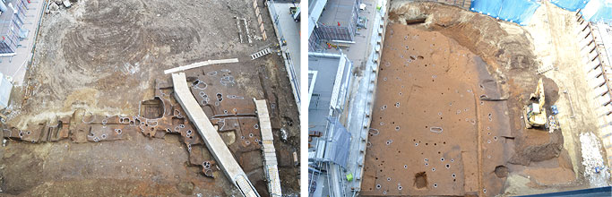 （左）江戸時代の生活面3面のうち第2面で、中央に見える穴蔵の底には床板の痕跡や釘があった（右）縄文時代の生活面全景