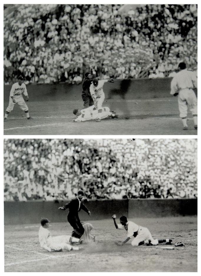 優勝した1930年秋季リーグ戦でのスナップ。藤田監督は、アメリカの野球技術を踏まえつつ、日本人の体力にかなった守りの野球を中心に据えた「藤田理論」を実践し、勝利に結びつけた。