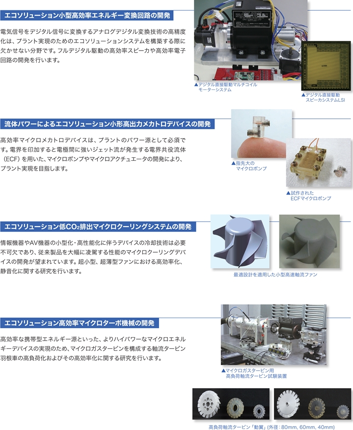 資源再生利用、エネルギー獲得といったグリーンテクノロジー技術を術用的なオーダーで実現するには、ターゲットプラントの開発が必要です。ラピッドマニュファクチャリング、マイクロ加工、マイクロ流体制御、マイクロアクチュエータ、高効率・低環境負荷型電子・機械デバイスなどの要素技術を活用し、持続可能な社会構築のためのエコソリューションを提案します。