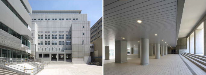（左）キャンパス中央広場(舗装工事は2021年1月完成）　　　　（右）富士見坂校舎ピロティ入口付近（富士見坂庭園側）