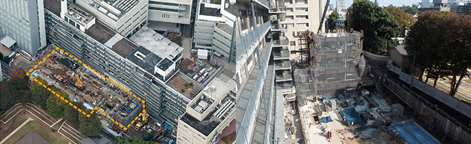 左：市ケ谷キャンパス上空から（2017年11月15日撮影）　右：新校舎建設工事状況（2017年11月17日撮影）