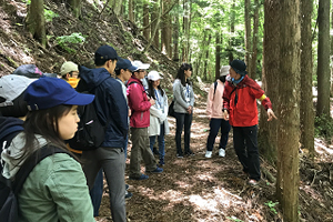 富士の樹海に生息している植物について説明を受けている様子